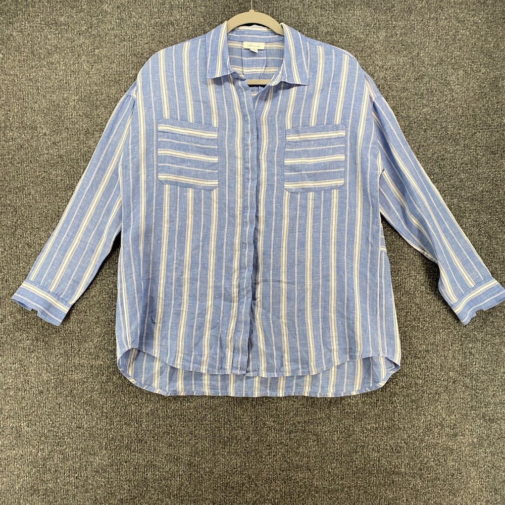 J Jill Love Linen Top Womens PS Blue Tunic Button Up‎ Lagenlook Beachy Coastal